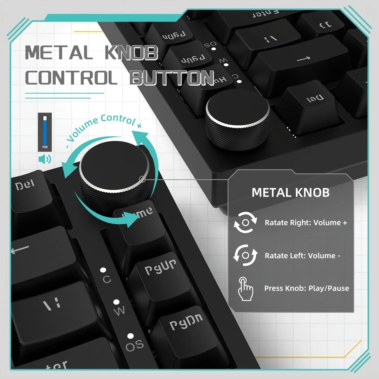 AJAZZ AK820 Mechanical Keyboard Hot-Swappable 82-Key Wired Keyboard with Rotary Volume Knob for Office, Gaming & Home