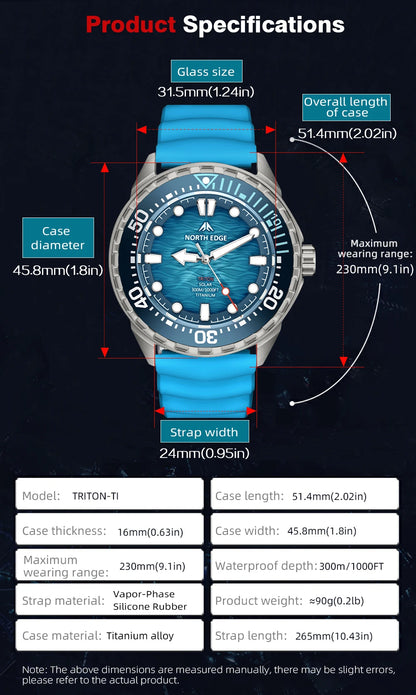 NORTH EDGE TRITON-TI Titanium Stainless Solar-Powered Diving Watch Luxury Quartz Watches For Men 300M Waterproof 180+ Day Power