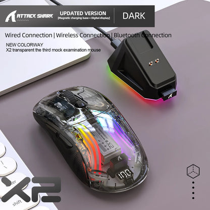 Attack Shark X2PRO Bluetooth Mouse Tri-Mode Wireless RGB Gaming Mouse with Magnetic Charging Dock, Transparent Design, Battery Indicator for PC, Laptop & Mobile