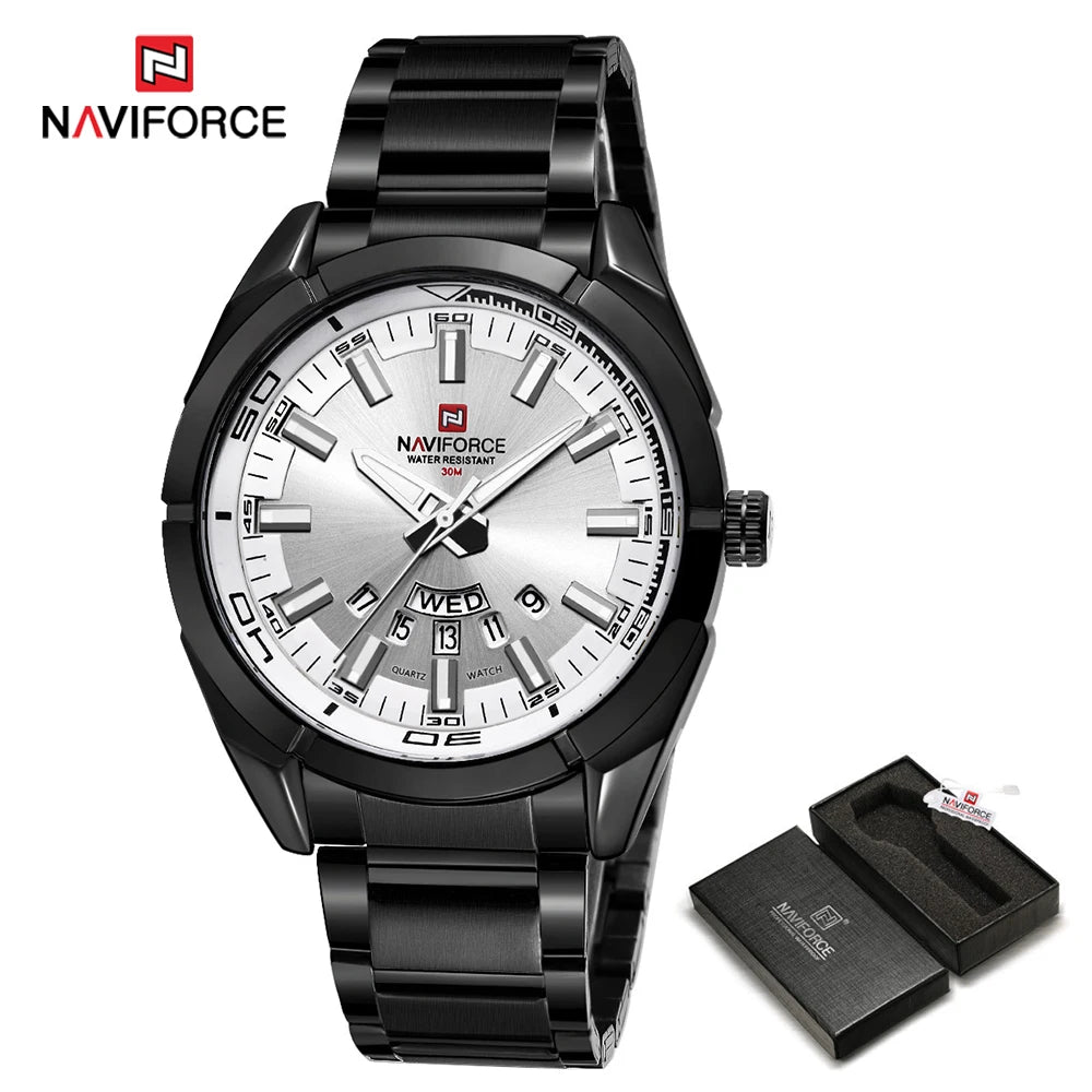 Ceas pentru bărbați NAVIFORCE, realizat integral din oțel, rezistent la apă, stil casual, mecanism cu cuarț și afișaj al datei – Ceas de mână de lux pentru bărbați, de la o marcă de renume.