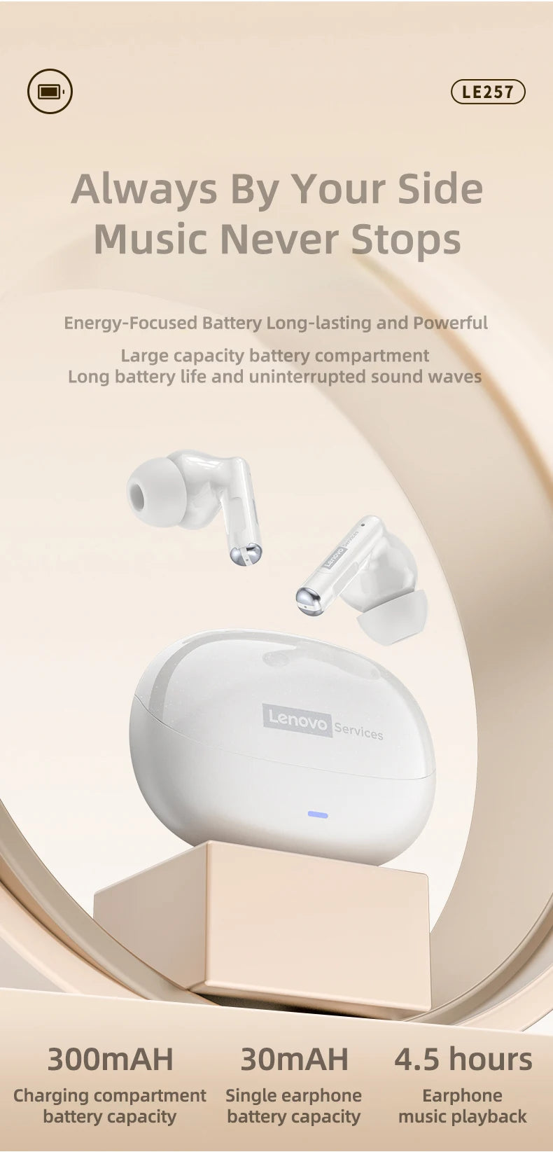 Lenovo LE257 TWS Wireless Bluetooth 6.0 Headphones with HiFi Sound, ENC Noise Reduction, Gaming Earbuds with Mic, Sports Waterproof Headset