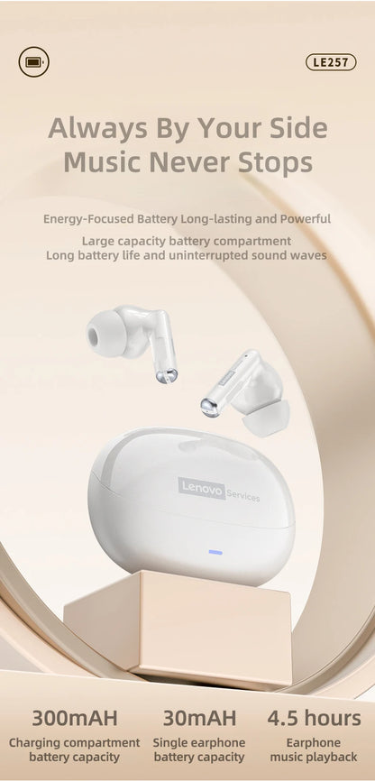 Lenovo LE257 TWS Wireless Bluetooth 6.0 Headphones with HiFi Sound, ENC Noise Reduction, Gaming Earbuds with Mic, Sports Waterproof Headset