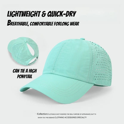 1 unidad de gorras de béisbol con lengüeta de secado rápido para mujer, protección de verano, malla transpirable, gorra transpirable, elegante y ajustable, ideal para llevar la coleta.