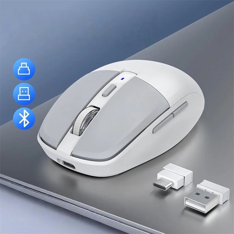 Tri-Mode Wireless Mouse with Dual USB & Type-C Receivers, Bluetooth 5.1 Rechargeable Silent RGB Mouse for Laptop, PC, Mac, Android & iOS