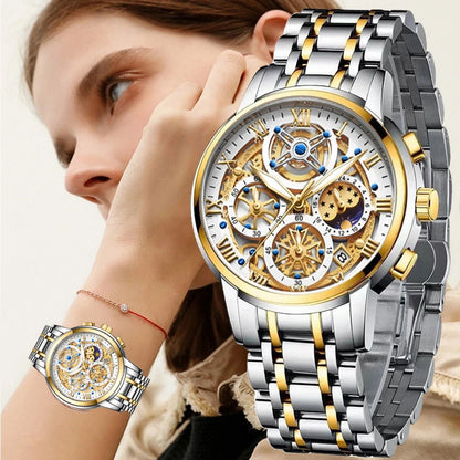 LIGE 2024 New Fashion Gold Women Watch Top Brand Luxury Waterproof Watches for Women Sport Quartz Chronograph Relogio Feminino