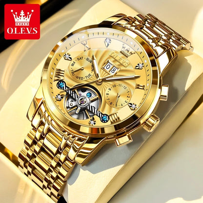 OLEVS 9910 Pánské hodinky Originální luxusní značka Vodotěsné Světélkující Automatické mechanické hodinky Hodinky s dvojitým kalendářem Krabička na hodinky Reloj