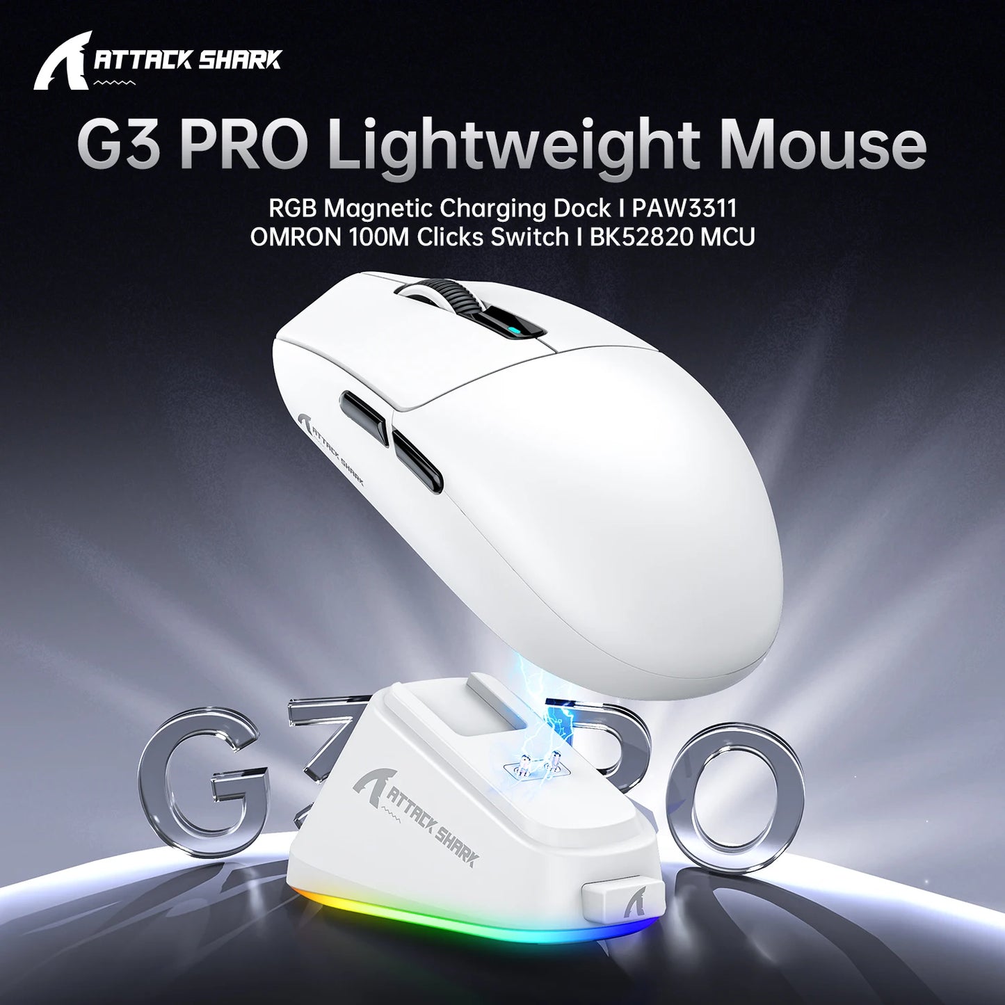 ATTACK SHARK G3PRO Tri-Mode Wireless Gaming Mouse with Charging Dock, 25000 DPI Ultra Lightweight Gaming Mouse, PAW3311 Sensor, Bluetooth & 2.4GHz