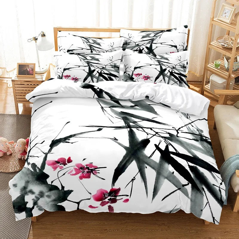 Set navlake za poplun s motivom bambusa u kineskom stilu, posteljina za mlade, platneni set navlake za poplun za krevet Queen Size, moderan set posteljine