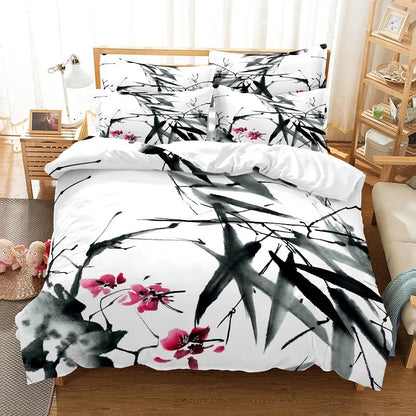 Set navlake za poplun s motivom bambusa u kineskom stilu, posteljina za mlade, platneni set navlake za poplun za krevet Queen Size, moderan set posteljine