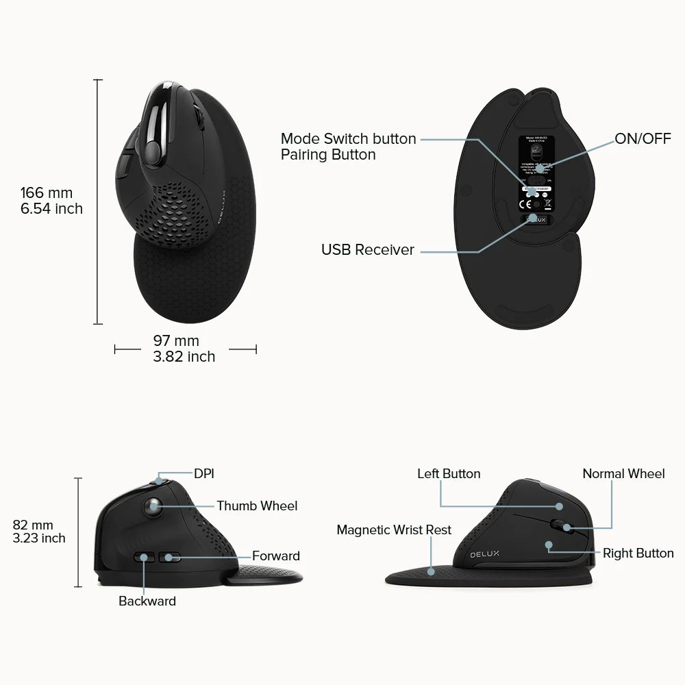 Delux M618XSD Seeker ergonominen pystysuuntainen hiiri OLED-näytöllä, 4000DPI, ladattava 1000mA akku, irrotettava takakansi tietokoneelle