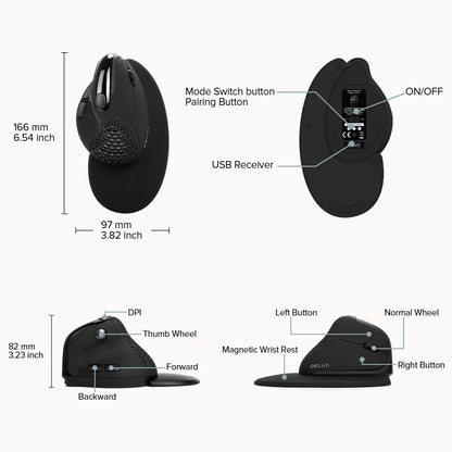 Delux M618XSD Seeker ergonominen pystysuuntainen hiiri OLED-näytöllä, 4000DPI, ladattava 1000mA akku, irrotettava takakansi tietokoneelle