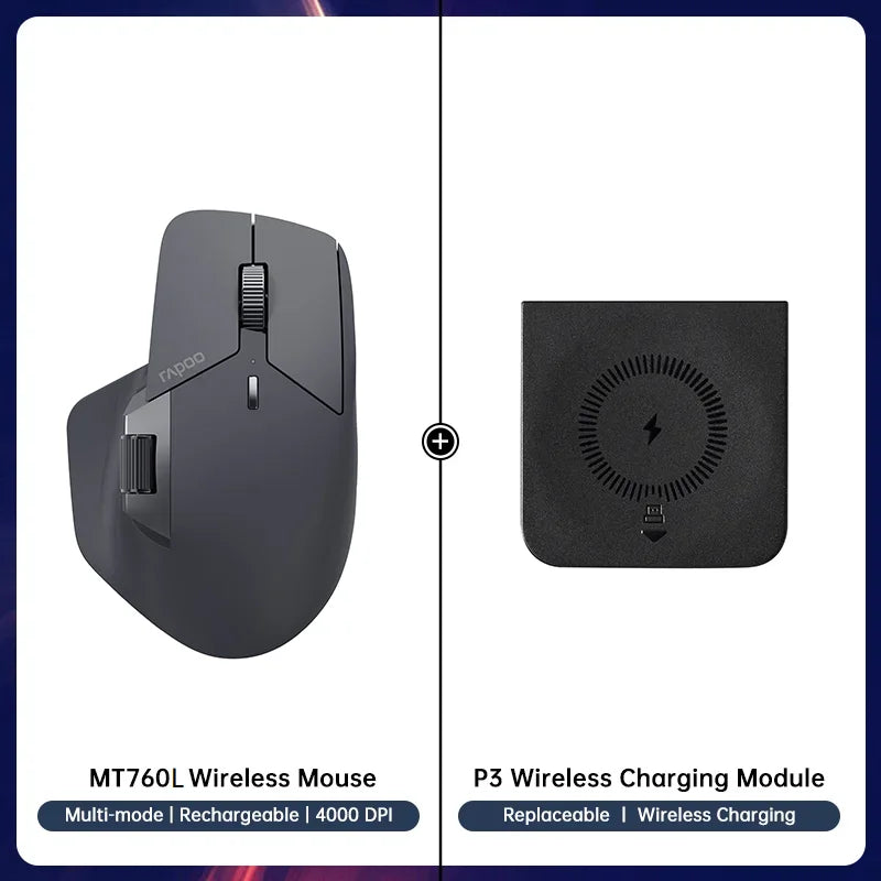 Rapoo MT760 Multi-Mode Rechargeable Wireless Bluetooth Mouse, 4000 DPI Ergonomic Wireless Mouse for Up to 4 Devices, Programmable Office & Laptop Mouse