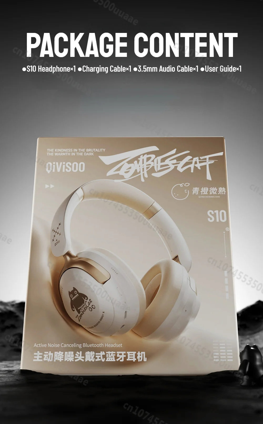 Zombies Cat S10 ANC Bluetooth Headphones with 45dB Noise Cancellation, HiFi Stereo Wireless Over-Ear Headset with Mic