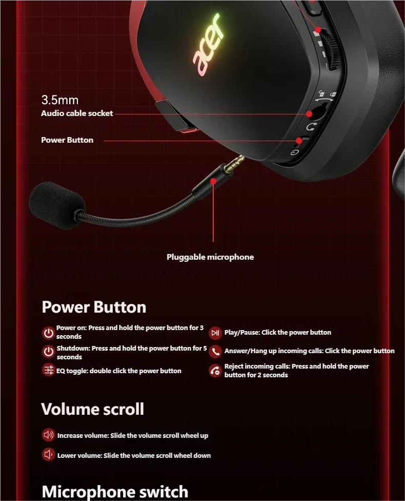 Acer 2.4GHz Wireless Gaming Headsets 7.1 Surround Sound Bluetooth Gaming Headset with Mic for PS5, PS4, PC, Switch Stereo Sound
