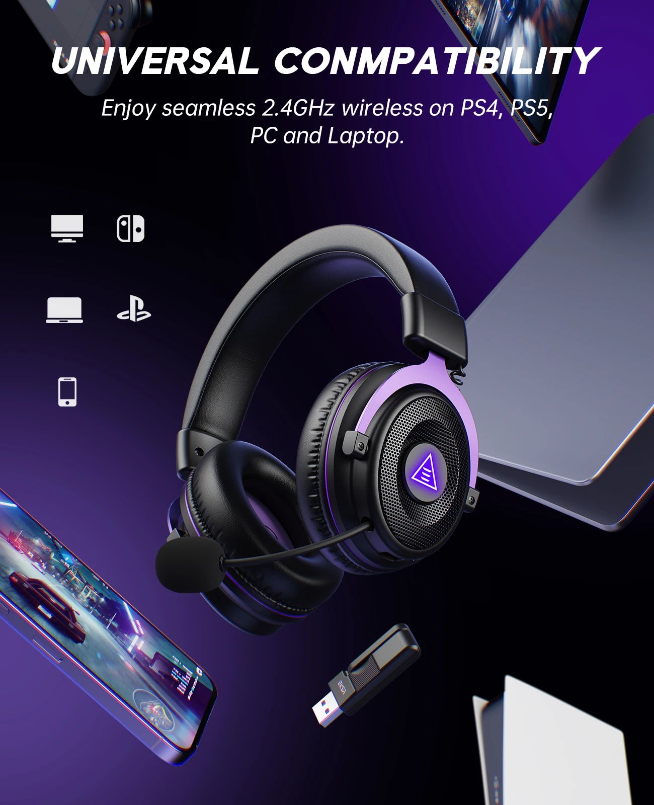 OneOdio EKSA E900 WT Wireless Gaming Headset Tri-Mode Bluetooth 5.3, 2.4GHz RGB Gaming Headset with Noise Cancelling Mic, 80H Battery for PC, PS5, PS4