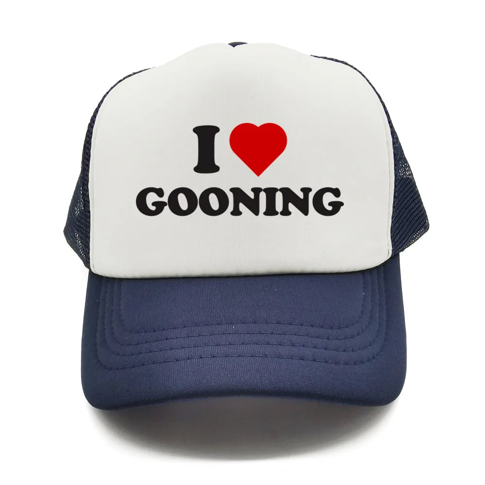 Sjove „I Love Gooning“-baseballkasketter – Cool sommerhat til mænd i netstof – Humoristisk truckerkasket – Unisex udendørs kasketter i netstof – MZ-080