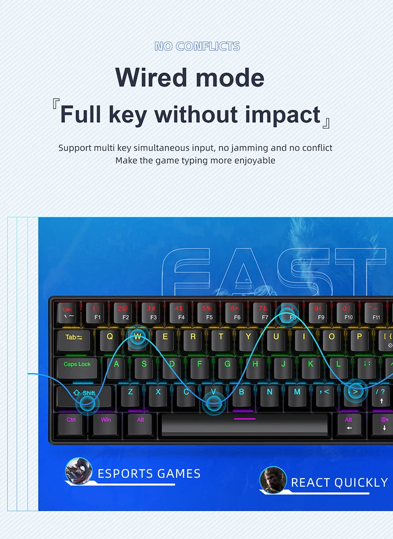 APAYADO K61 Mini Mechanical Keyboard 61-Key Wired Gaming Keyboard with Hot-Swappable Red/Blue Switches, RGB Backlit 60% Compact Mechanical Keyboard