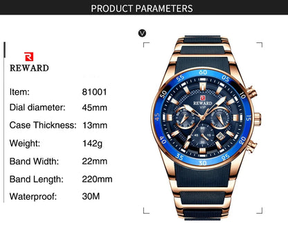 REWARD Men's Watches 81011M Sports Silicone Quartz Men's Watch Waterproof Calendar Chronograph Luminous Watches Men