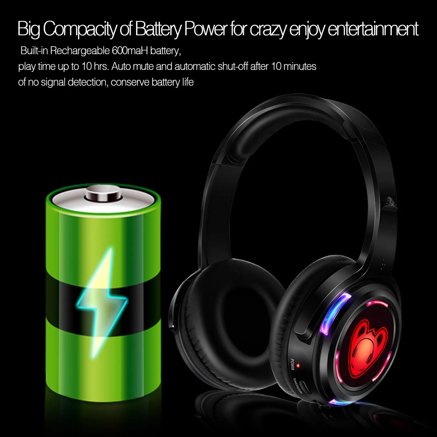 Silent Disco Wireless Headphones RF LED DJ Party Headset 863–865MHz/915MHz with 3-Channel LED Lighting & 10H Battery