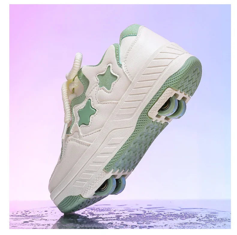 Chaussures de roller pour enfants - Roues rechargeables, couleurs tendance, finition brillante, pour les anniversaires, pour garçons et filles, chaussures décontractées deux-en-un