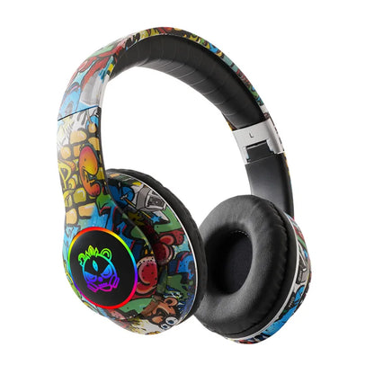 Auriculares gaming Bluetooth inalámbricos New Graffiti LX-8686 con micrófono, luz LED, compatibilidad con tarjeta TF, graves profundos y diseño circumaural para PC, gaming y niños