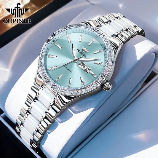 OUPINKE 3283 Brand Mechanical Women's Watches Luxury Colored Diamond Bezel Luminous Waterproof Elegant Auto Date Ladies' Watch
