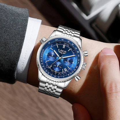 LIGE luxury men’s watch – Chronograph with date, stainless steel, water-resistant, luminescent, sporty and military style, men’s quartz watch