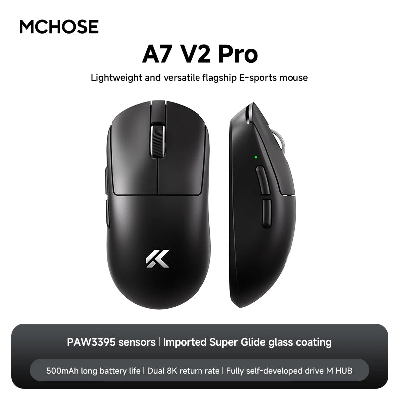 MCHOSE A7 V2 Wireless Gaming Mouse, Tri-Mode Bluetooth 8K Lightweight Esports Mouse with PAW3950 Sensor, 42000 DPI Ergonomic Gaming Mouse
