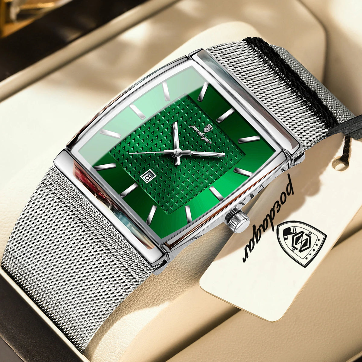 Montre pour homme POEDAGAR, modèle de luxe, bracelet en maille d'acier inoxydable, affichage de la date, étanche, aiguilles luminescentes, style décontracté, boîtier rectangulaire, mouvement à quartz.