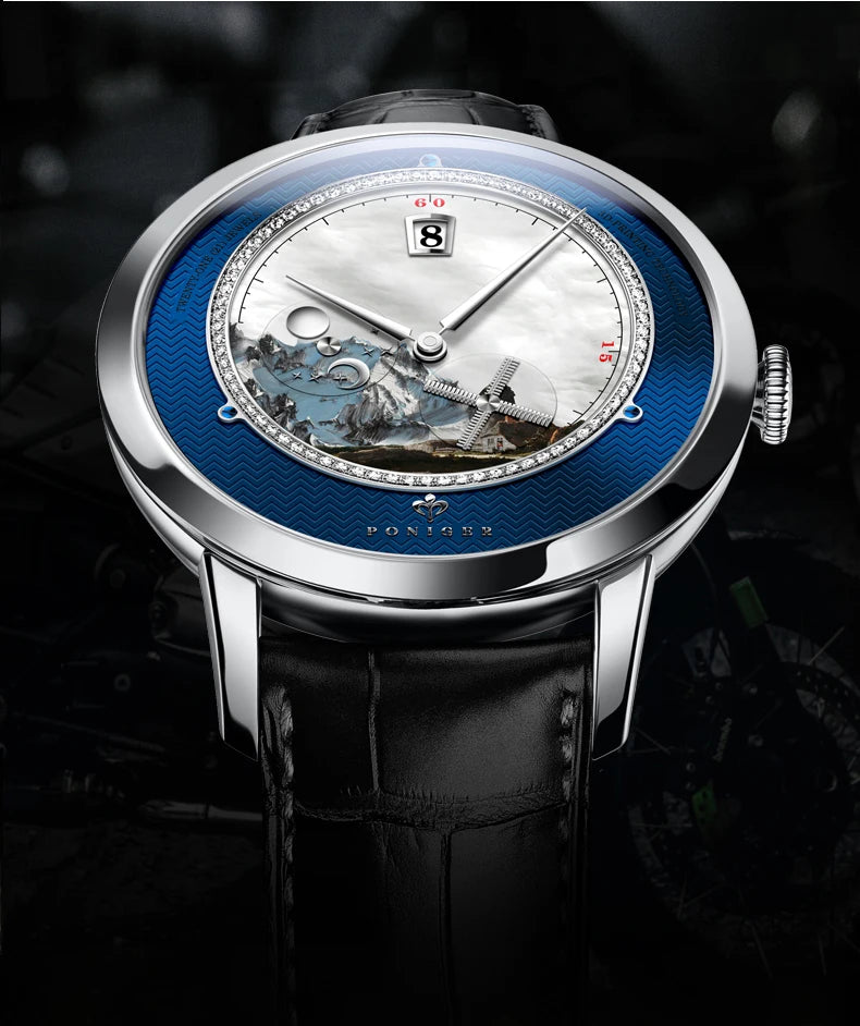 PONIGER Sapphire Crystal Glass Wrist Watch Painting Dial Man Leather Automatic Wristwatch MIYOTA 8219