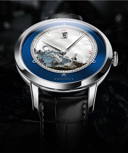 PONIGER Sapphire Crystal Glass Wrist Watch Painting Dial Man Leather Automatic Wristwatch MIYOTA 8219