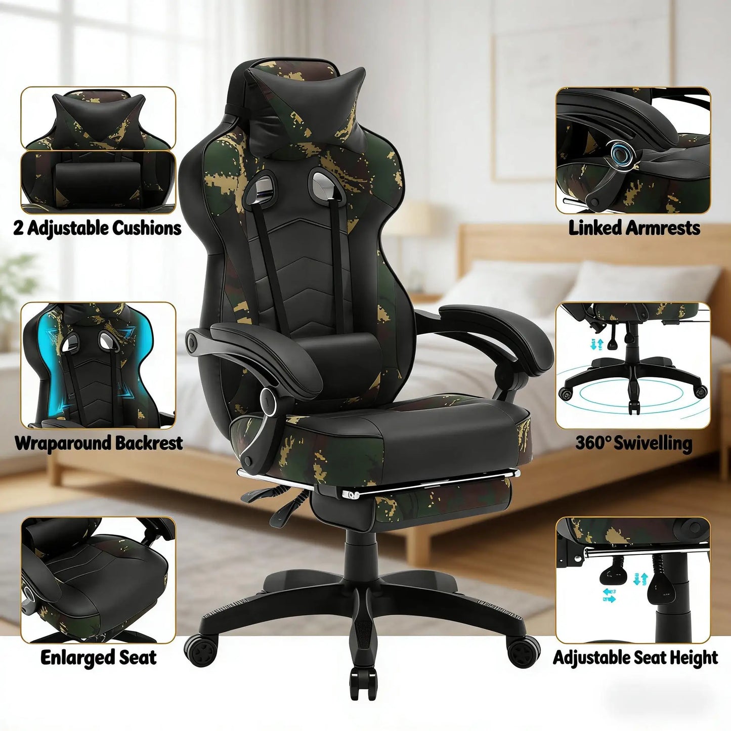 Stylish Ergonomic Gaming Office Chair with Footrest, Reclining Racing Chair, Breathable PU Leather Computer Desk Chair for Home & Office