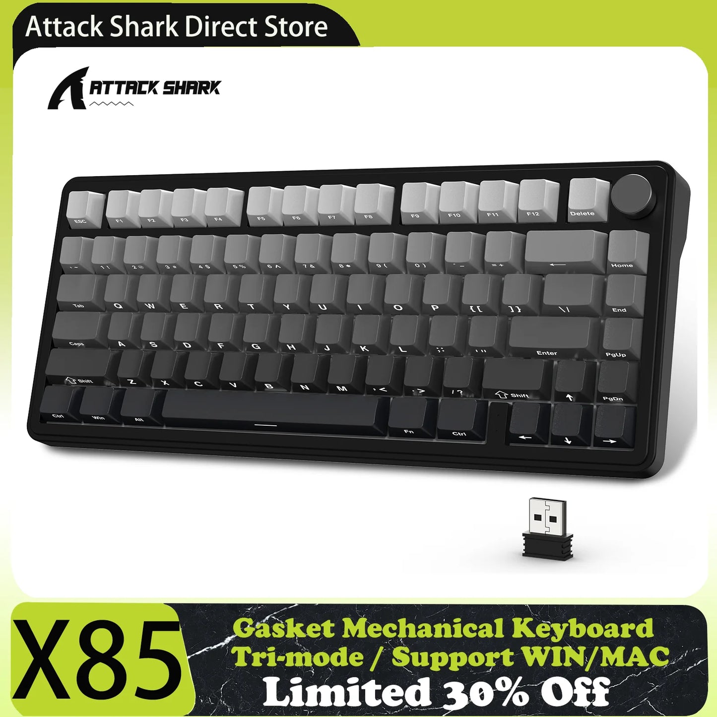 ATTACK SHARK X85 Tri-Mode-Gasket 75% mechanische Tastatur mit CNC-Drehknopf, 5-lagiger Dämpfung, Hot-Swap-Funktion, RGB-Hintergrundbeleuchtung, NKRO