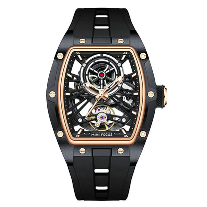 MINI FOCUS Men's Wristwatch Fashion Black Waterproof Automatic Mechanical Watch with Luminous Hands Silicone Strap Tonneau Dial