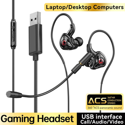 VAORLO 360° Surround Sound E-Sports Gaming Headset Wired Earphones with Dual Mic, HiFi Stereo Gaming Headphones, Type-C 3.5mm USB Low Latency PUBG Gaming Earbuds
