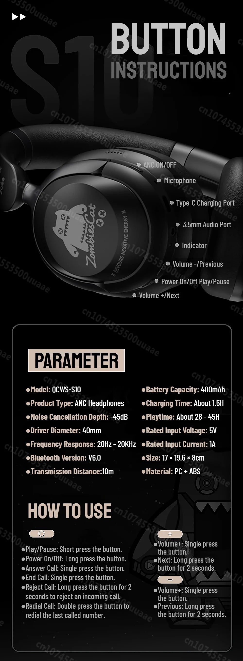 Zombies Cat S10 ANC Bluetooth Headphones with 45dB Noise Cancellation, HiFi Stereo Wireless Over-Ear Headset with Mic