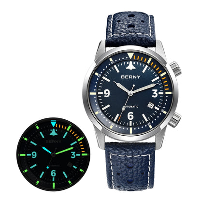 BERNY Men's Automatic Diver Watch Supper Luminous Sapphire AR Coated MlYOTA 8215 Leather Strap Mechanical Diving Watches for Men