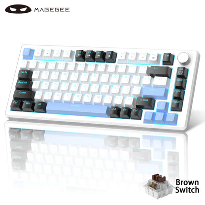 MageGee 75% Mechanical Gaming Keyboard with Knob Control, Compact Blue Backlit Wired Keyboard Black/Brown Switches for PCWindows