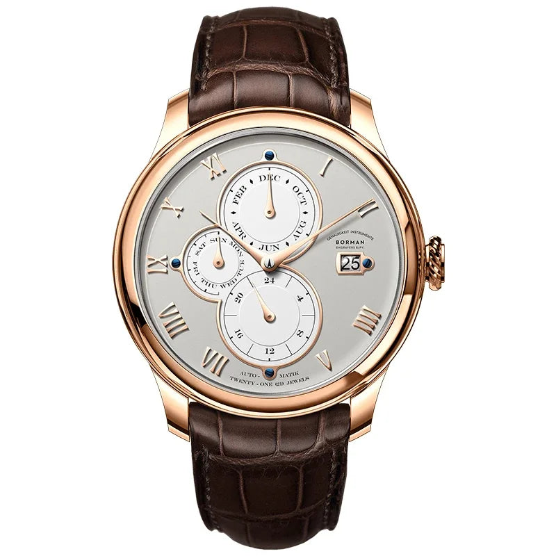 Luxury Brand BORMAN Automatic Mechanical Men's Watches Sapphire 50M Waterproof Multi-function Dial Retro Leather Clocks BM18011