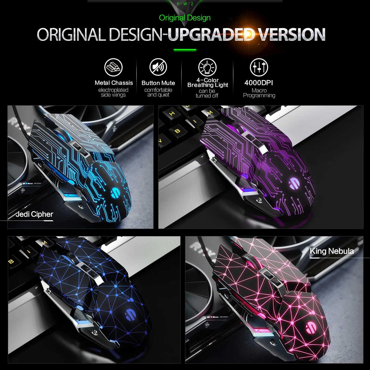 INPHIC W2 Gaming Mouse 8800 DPI Wired USB Optical Mouse with 6 Programmable Buttons, Silent Click, Ergonomic Design & RGB Breathing Light