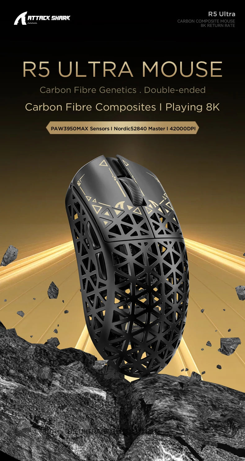 ATTACK SHARK R5 Ultra Carbon Fiber Wireless Gaming Mouse, 42g Lightweight Gaming Mouse, PAW3950MAX Sensor, 42000 DPI, 8000Hz, Tri-Mode Connectivity