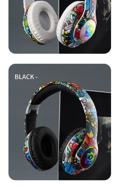 Auriculares gaming Bluetooth inalámbricos New Graffiti LX-8686 con micrófono, luz LED, compatibilidad con tarjeta TF, graves profundos y diseño circumaural para PC, gaming y niños