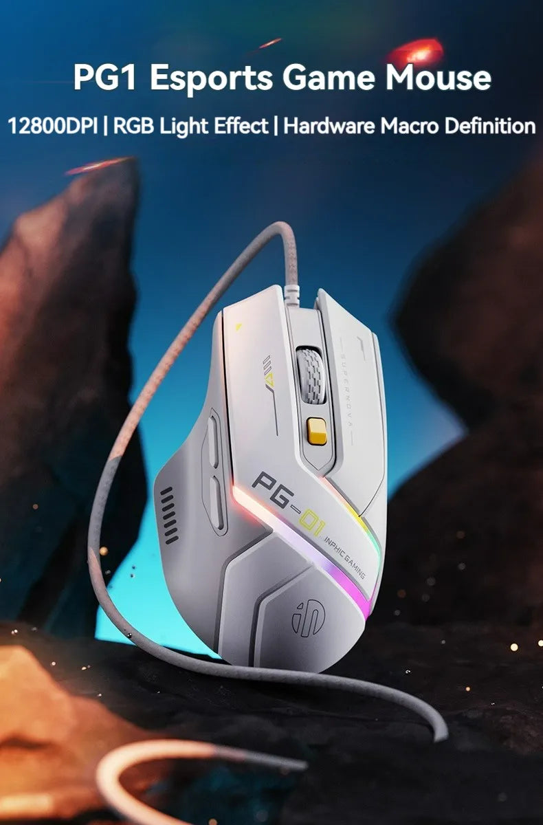 Inphic PG1 Wired Gaming Mouse RGB 12800 DPI Programmable Gaming Mouse with 6 Macro Buttons, 1000Hz Polling Rate USB Computer Mouse