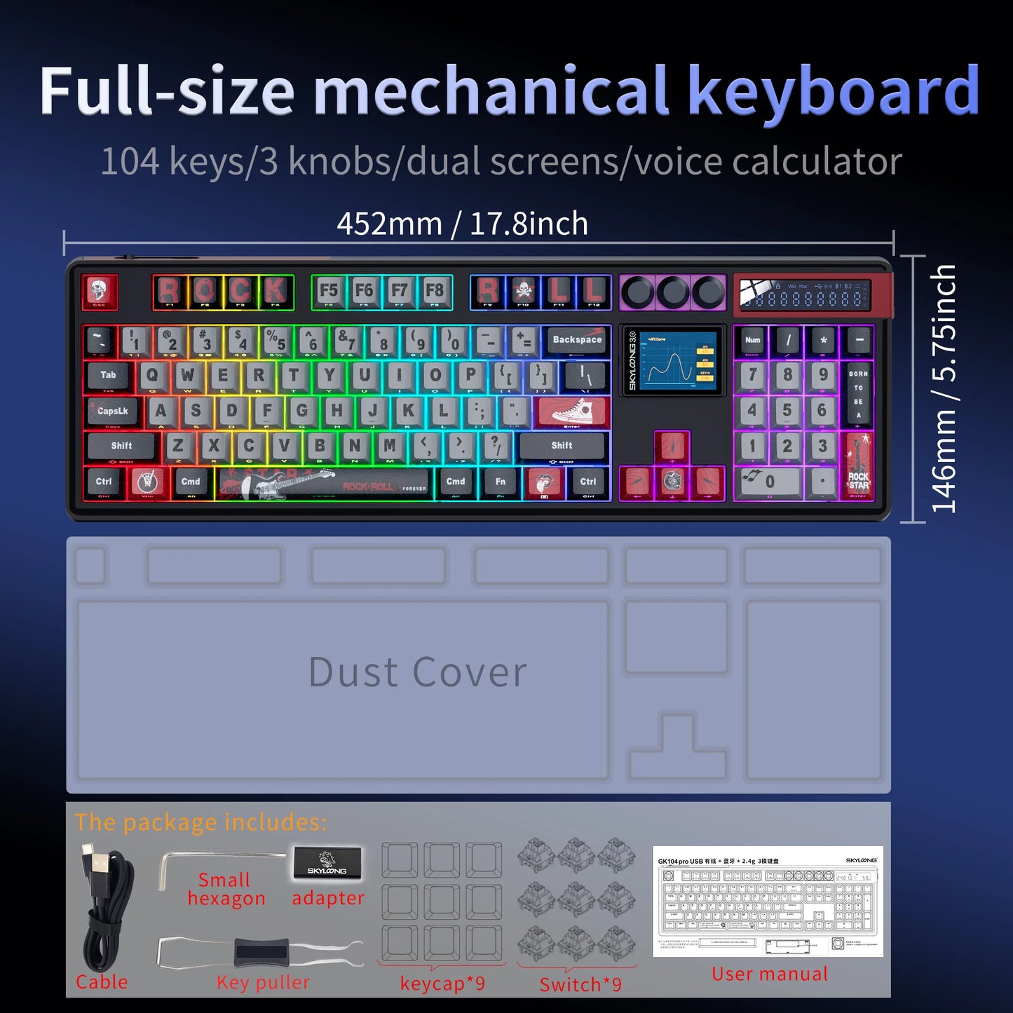 SKYLOONG GK104 Pro Wireless Mechanical Keyboard, 104-Key Custom Hot-Swappable RGB Gaming Keyboard with LCD Screen, Triple Mode Bluetooth/2.4G/USB-C Mechanical Keyboard