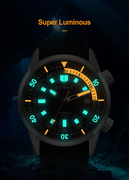 BERNY Men's Dive Watches 200M Waterproof Super Luminous Automatic Mechanical Diver Watch 42mm Sapphire Swim Diving Wristwatch