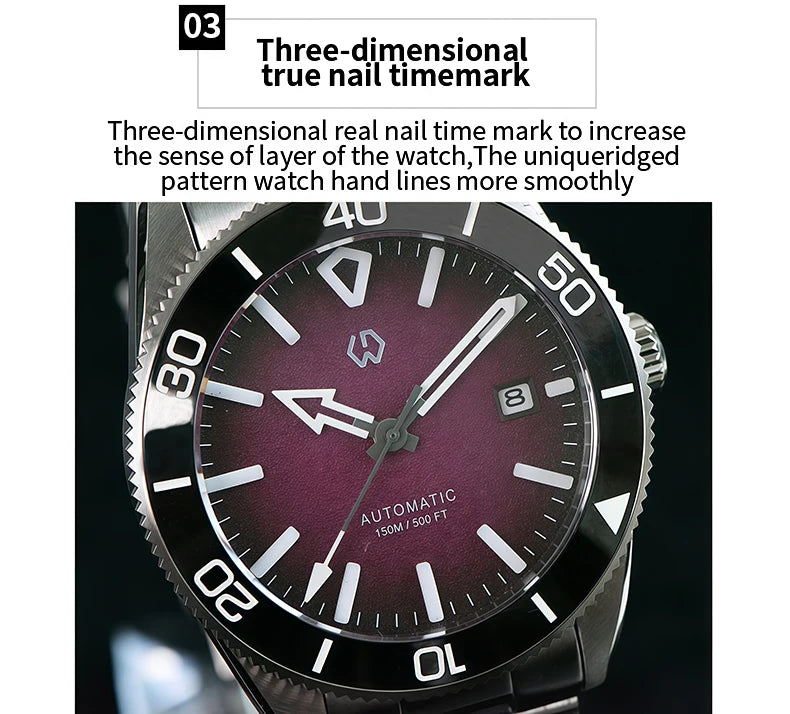 WSD9017 Men's Automatic Watch Mechanical 3D Dimensional Luminous Watch Needle Ceramic Bezel 150 Meters Waterproof Diving