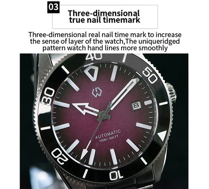 WSD9017 Men's Automatic Watch Mechanical 3D Dimensional Luminous Watch Needle Ceramic Bezel 150 Meters Waterproof Diving
