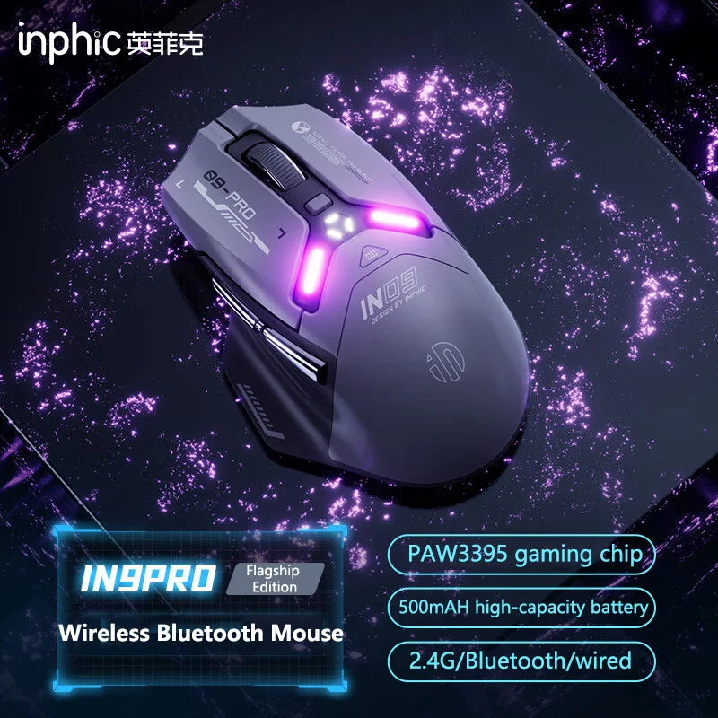Inphic IN9PRO Wireless Gaming Mouse 26000 DPI Tri-Mode Bluetooth RGB Ergonomic Gaming Mouse with PAW3395 Sensor & 8K Polling Support