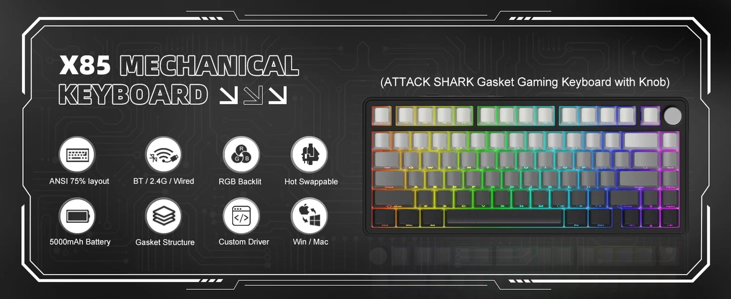ATTACK SHARK X85 Tri-Mode-Gasket 75% mechanische Tastatur mit CNC-Drehknopf, 5-lagiger Dämpfung, Hot-Swap-Funktion, RGB-Hintergrundbeleuchtung, NKRO