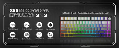 ATTACK SHARK X85 Tri-Mode-Gasket 75% mechanische Tastatur mit CNC-Drehknopf, 5-lagiger Dämpfung, Hot-Swap-Funktion, RGB-Hintergrundbeleuchtung, NKRO